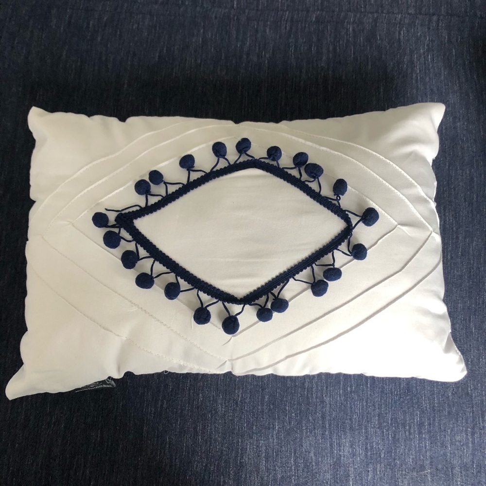 Navy and White Pom Pom Throw Pillow